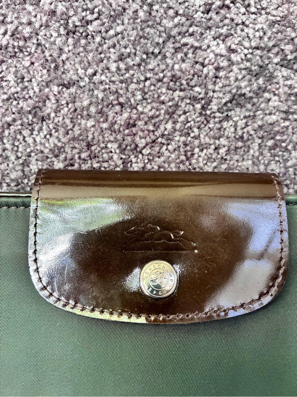 Longchamp Forest Green & Brown Crossbody Bag Purple Interior Magnet Snap Closure - Picture 3 of 7